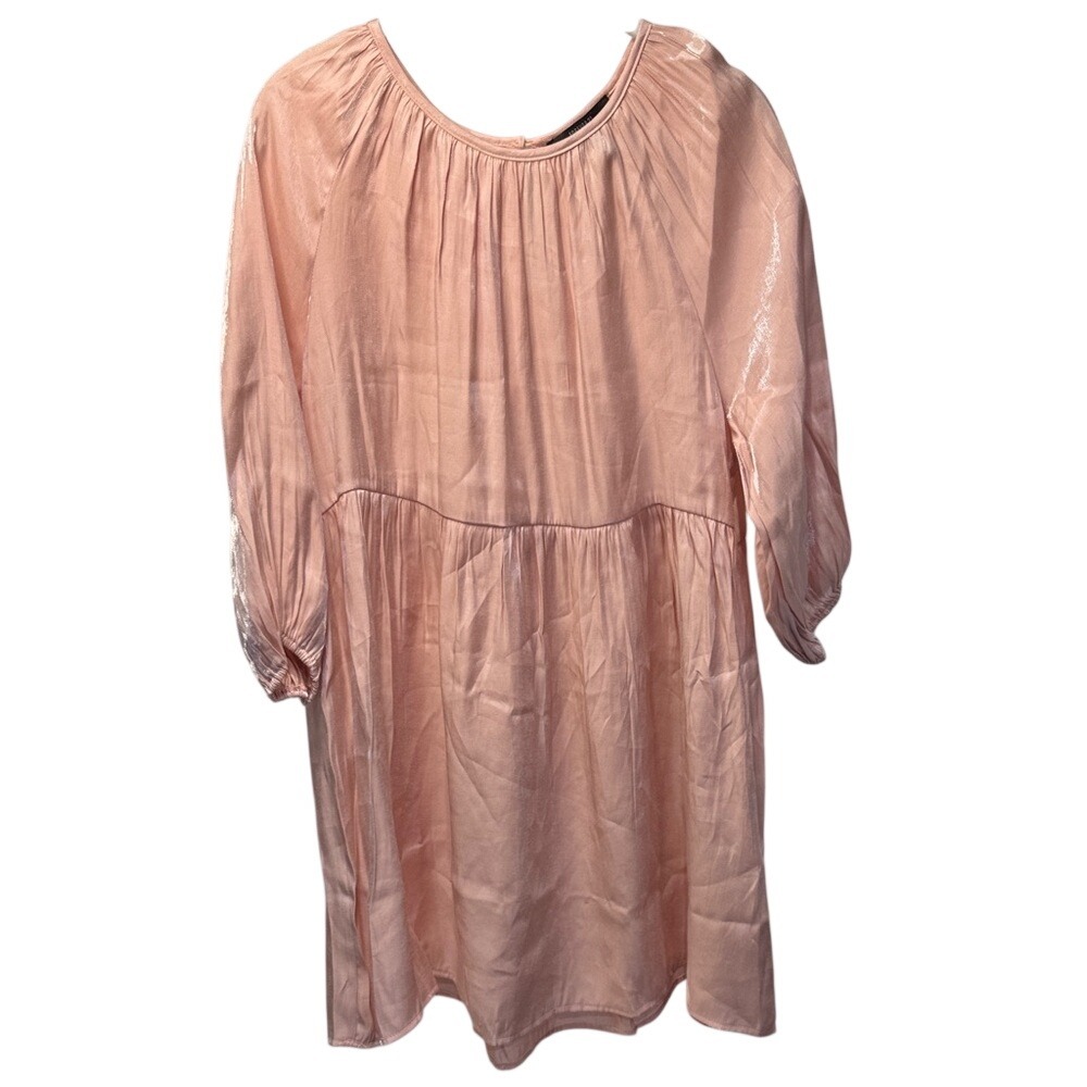 Forever 21 Pink Satin Babydoll Mini Dress 3/4 Sleeve Scoop Neck Large